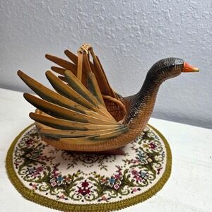 Vintage 50s Boho Shanghai Weave Duck Basket Wood Beak & Feet Handle
